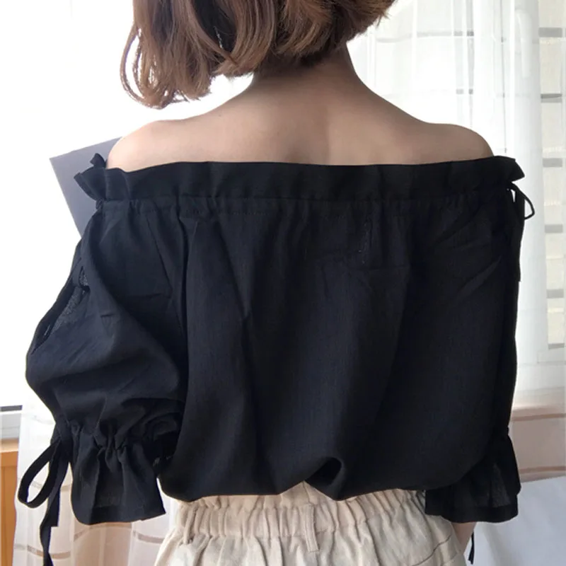 

Womens tops and blouses 2020 blusas femininas shirts for women tops black Chiffon Short Bow Solid Slash neck lantern Sleeve 0570