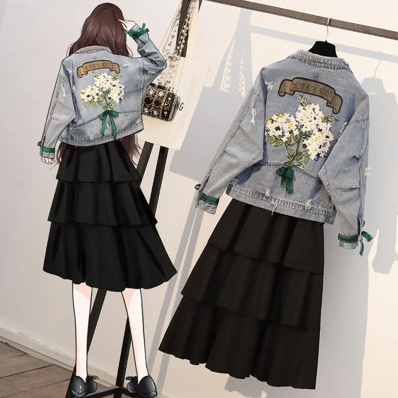 

Korean Style Large Size Women's Clothing Early Autumn Clothes New Fat Sister Fashion Slimming Denim Jacket Skirt Suit Fashion