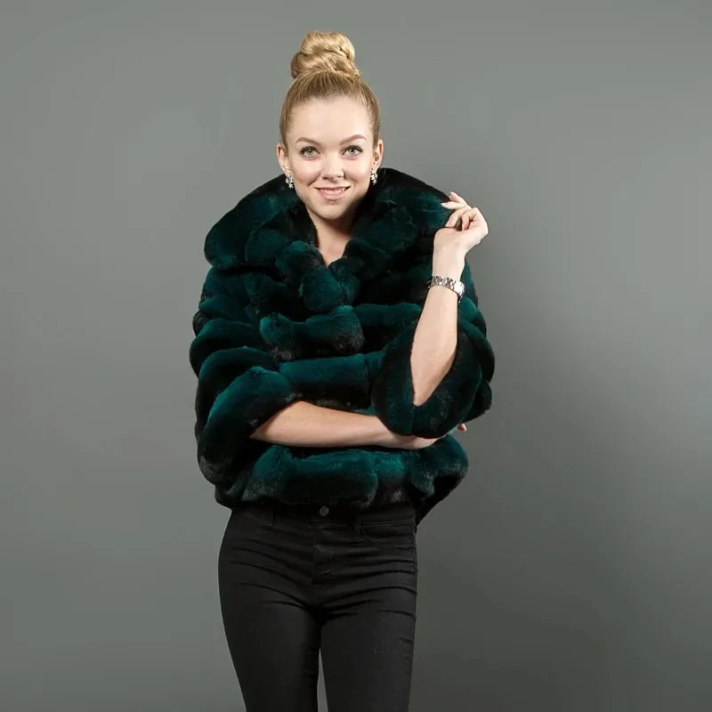 FURSARCAR 2021 New Fashion Short Chinchilla Fur Jacket Winter Women Luxurious  Natural Real Rex Rabbit Fur Coat With Collar