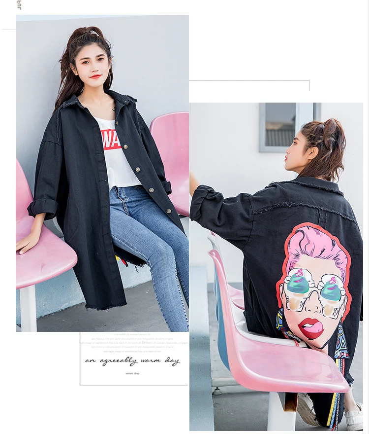 Boyfriend Casual Denim Jacket Woman Loose Coat Vintage Pattern Korea Print Windbreaker Chaqueta Mujer Harajuku Befree Vadim