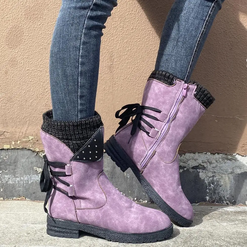 

Warm Women Boots Autumn Winter Vintage Flat Lace Up Shoes Snow Boots Knitting Patchwork Female Mid Calf Boots
