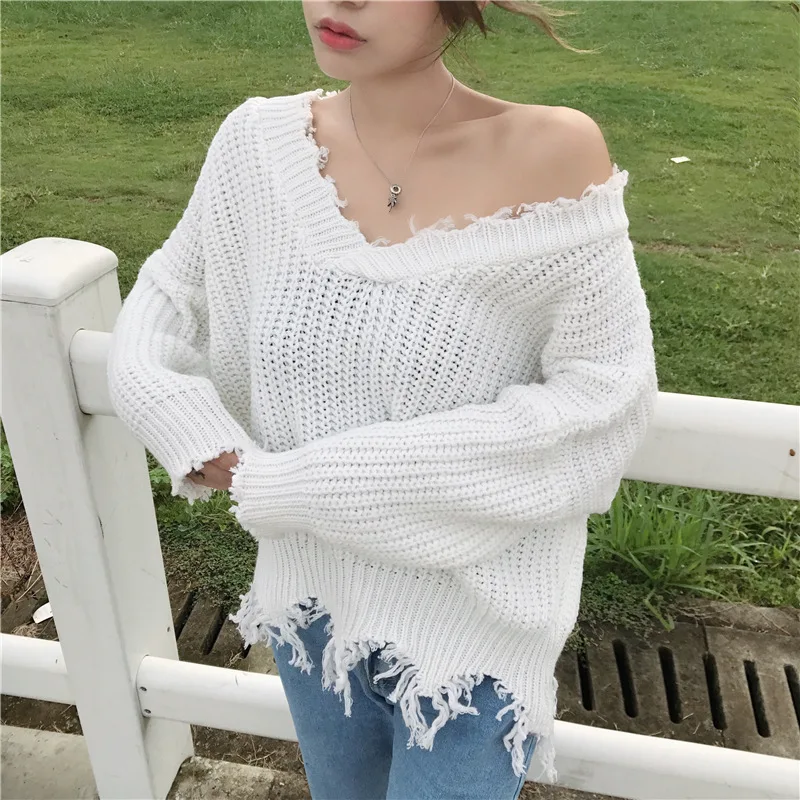 Autumn Winter Women Tassel Deep-V Knitted Pullover Female White Long Sleeve Knit Crochet Sweaters Cropped Jumper Pull Top | Женская