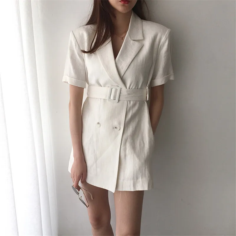 

Mazefeng New 2020 Summer Women's Blazers Casual Double Breasted Jackets Notched Lace Up High Waist Pockets Short Tops Size S M