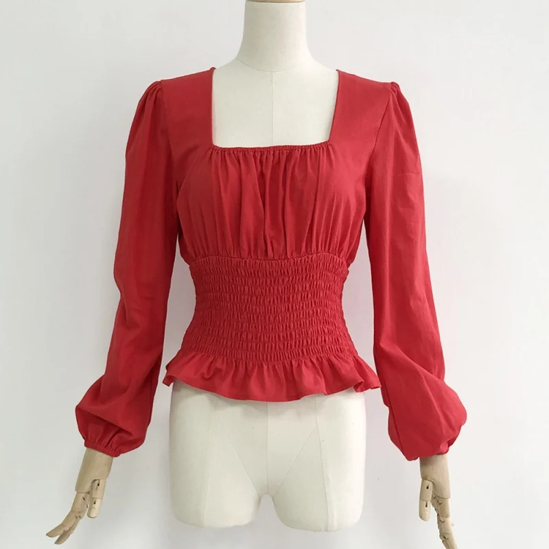

Sexy Slim Vintage Shirts Women Vintage Square Collar Long Sleeve Fashion Trend Slim Solid Ruffled Shirts