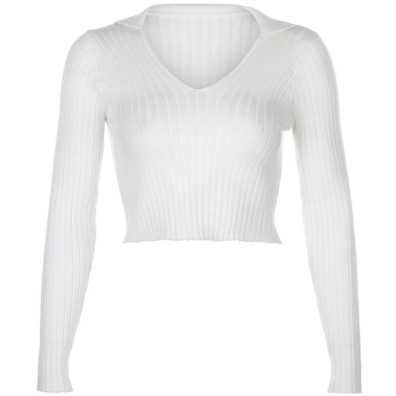 

Plain White Trendy Y2K Collared Crop Top T Shirt for Women Kawaii Girls V Neck Vintage 2000s Aesthetic Long Sleeve Tshirts