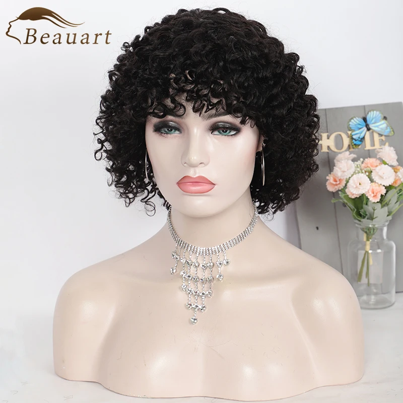 Completa para Preto Perucas com Franja de Cabelo Beauart Cabelo Humano Afro Profunda Encaracolado Peruca Feminino 12 Curto Natural Cachos Bob Máquina Corte 100%