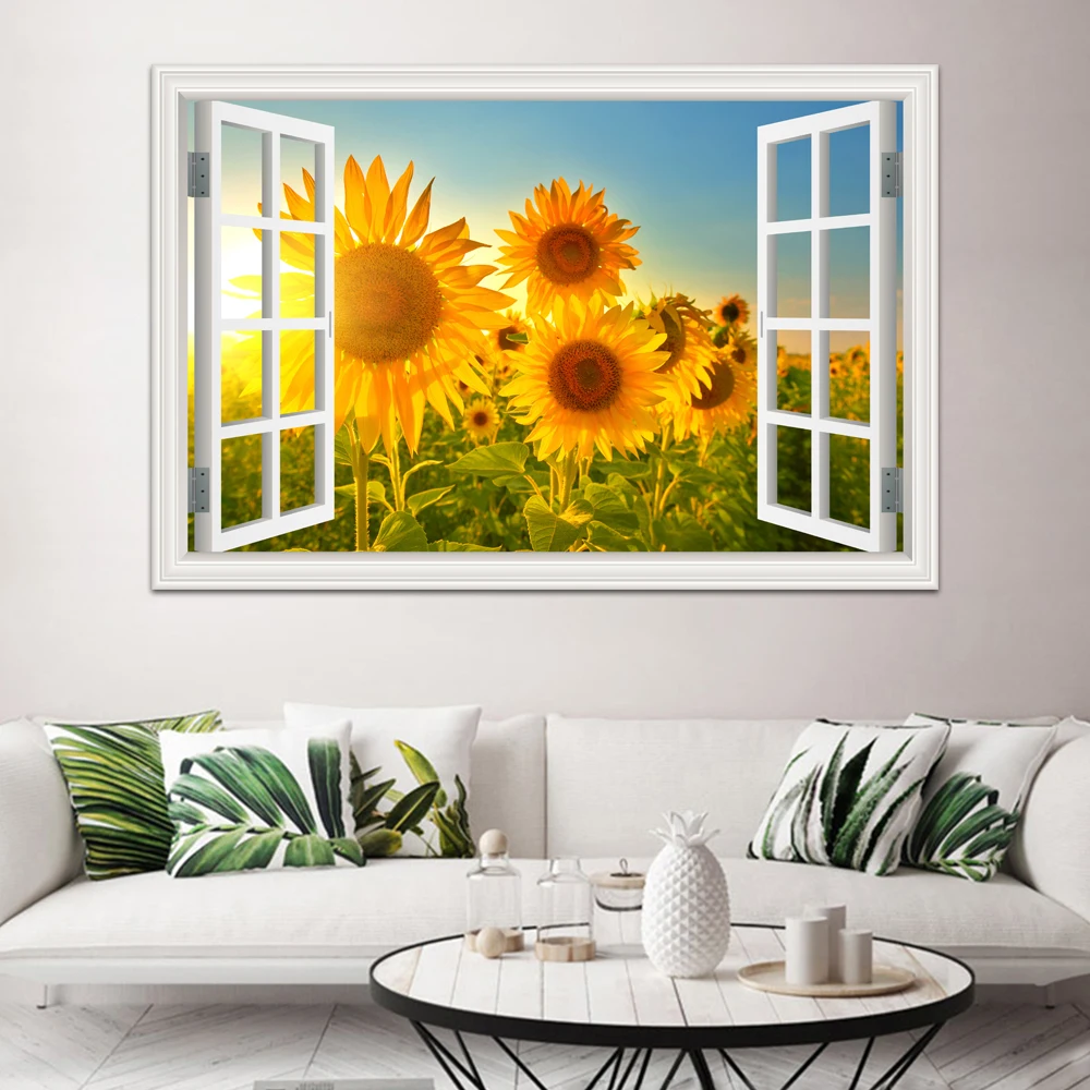 

Wall Art Vinyl Decal Sunflower 3D Window View Sticker Summer Beach Landscape Kitchen Decor Wall Poster Wallpaper Sticker