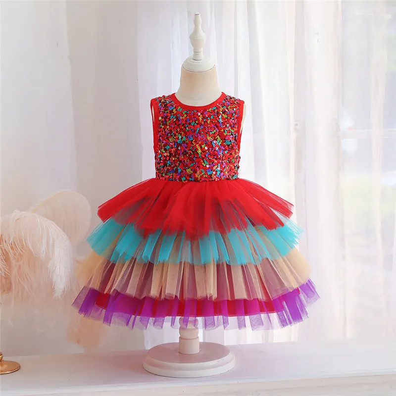 Girls dress sleeveless sequin girls cake puffy princess girl Christmas birthday party | Детская одежда и обувь