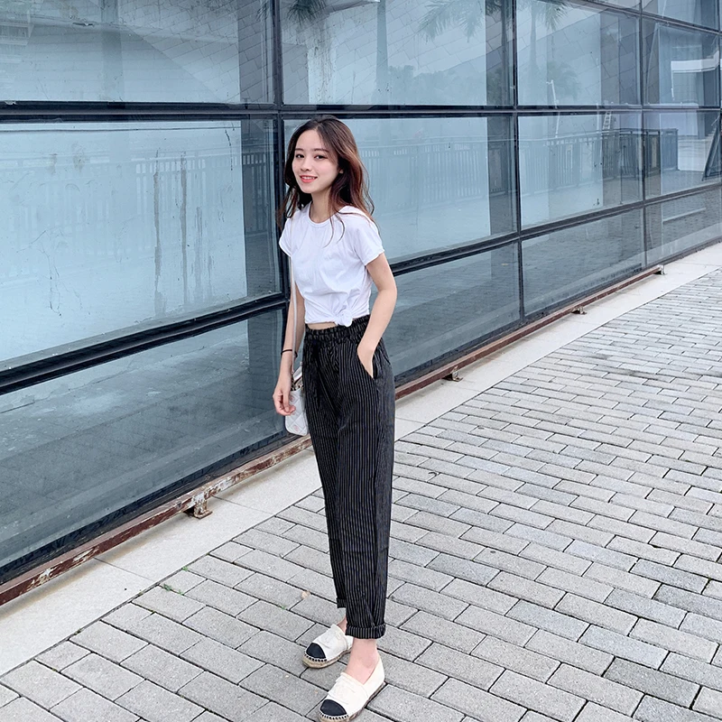 Женские брюки в полоску повседневные свободные шаровары с высокой эластичной