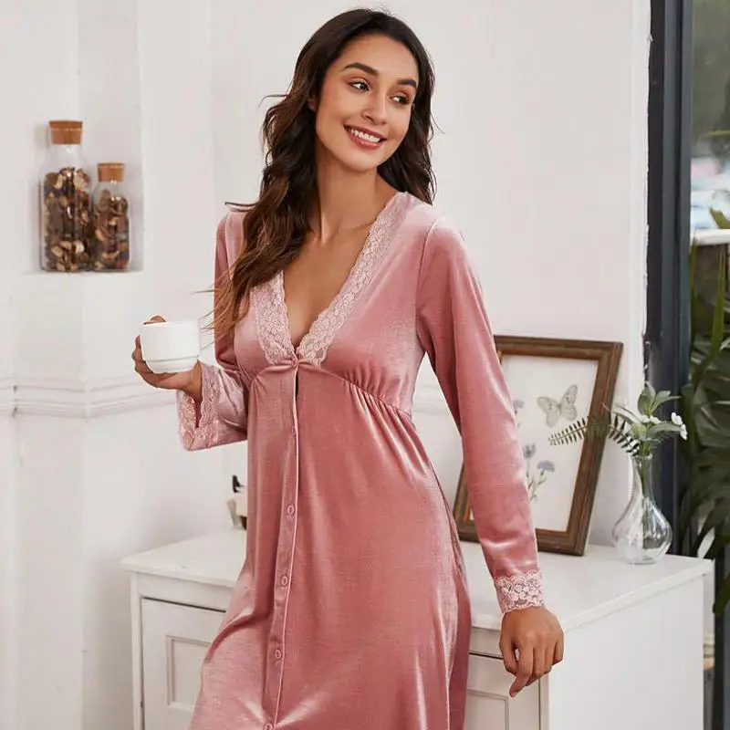 

Women Autumn New Long Sleeve Sexy Lace Sleep Dress Soft Comfortable Velour Nightdress Leisure Home Clothes Nightgowns Negligee