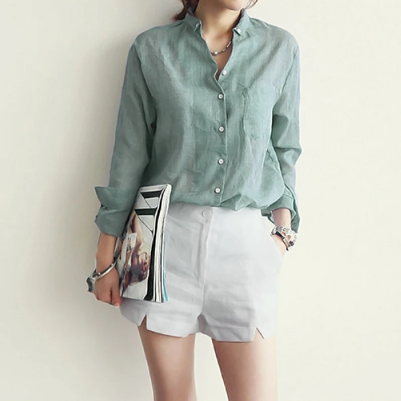 Женские льняные хлопковые рубашки лето осень длинный рукав v образный вырез