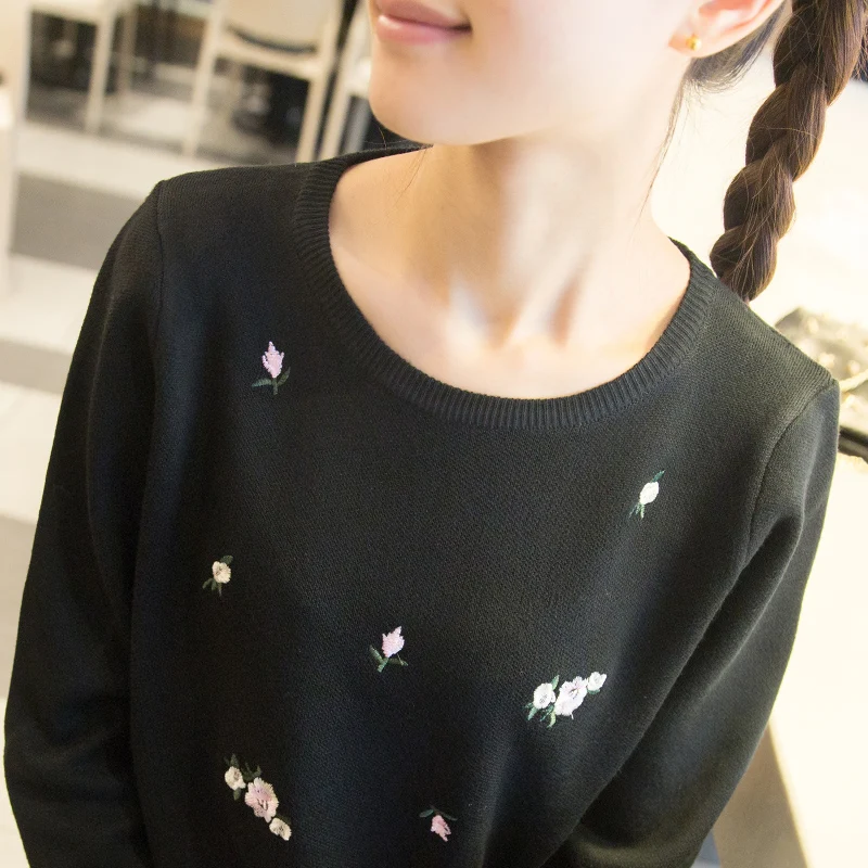 

2020 of spring dress, plum embroidered round collar, loose bottom knitted sweater, long sleeve Pullover Sweater for women