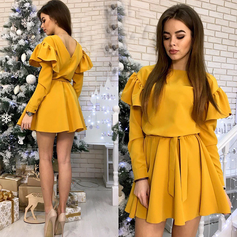 

Women Sexy Ruffles Sashes a Line Party Dress Ladies Long Sleeve o Neck Elegant Casual 2021 Solid Mini Club Loose Dress