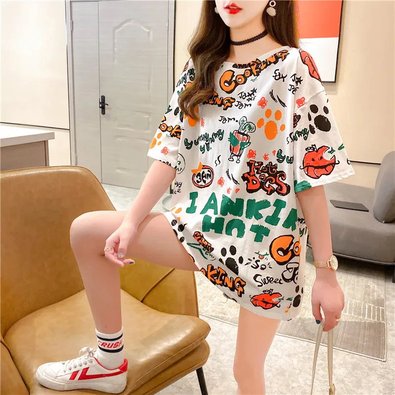 

White Oversized T Shirt Women 2021 Summer Letter Print Short Sleeve Graphic Tee Shirt High Street Femme Plus Size Tops Tshirts
