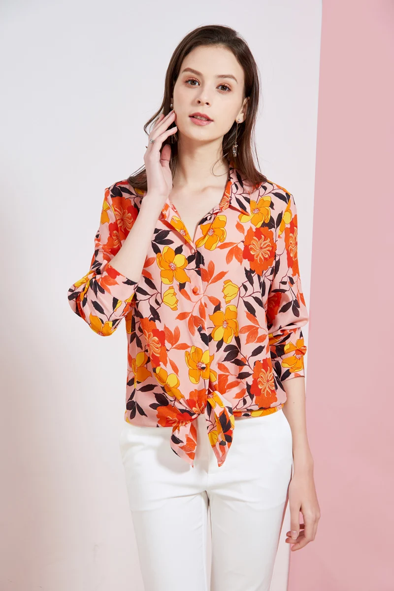 

100% Silk Women's Shirts Turn Down Collar Long Sleeves Floral Printed Elegant Casual Blouse Shirts