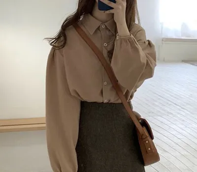 blouse Женское осеннее винтажное клетчатое платье с высокой талией в консервативном стиле, защита для колена, ТРАПЕЦИЕВИДНОЕ плиссированное платье с пышными рукавами, топ, блузка, рубашка - Цвет: blouse