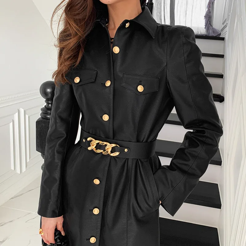 

Long Sleeve Minimalist Lace Up Pu Leather Dress 2020 Winter Female New Loose Casual Turn Down Collar Solid Color