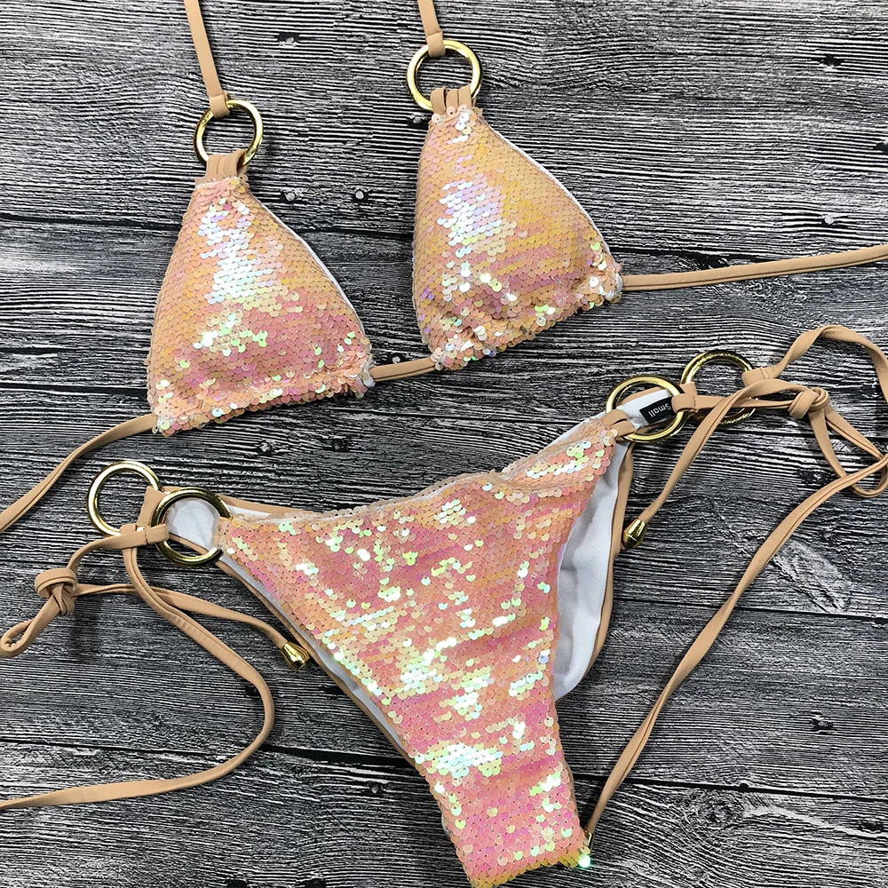 Solid Bikini Sexy Swimsuit Halter Swimwear Bathing Suit Women  Sequin Bikini Set Beach Wear Glitter