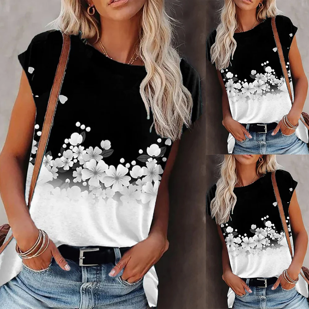 

Fashion Floral Print Gradient T-shirt Ladies Round Neck Short Sleeve Tees Summer Loose Casual Harajuku Pullover Women's Tops D30