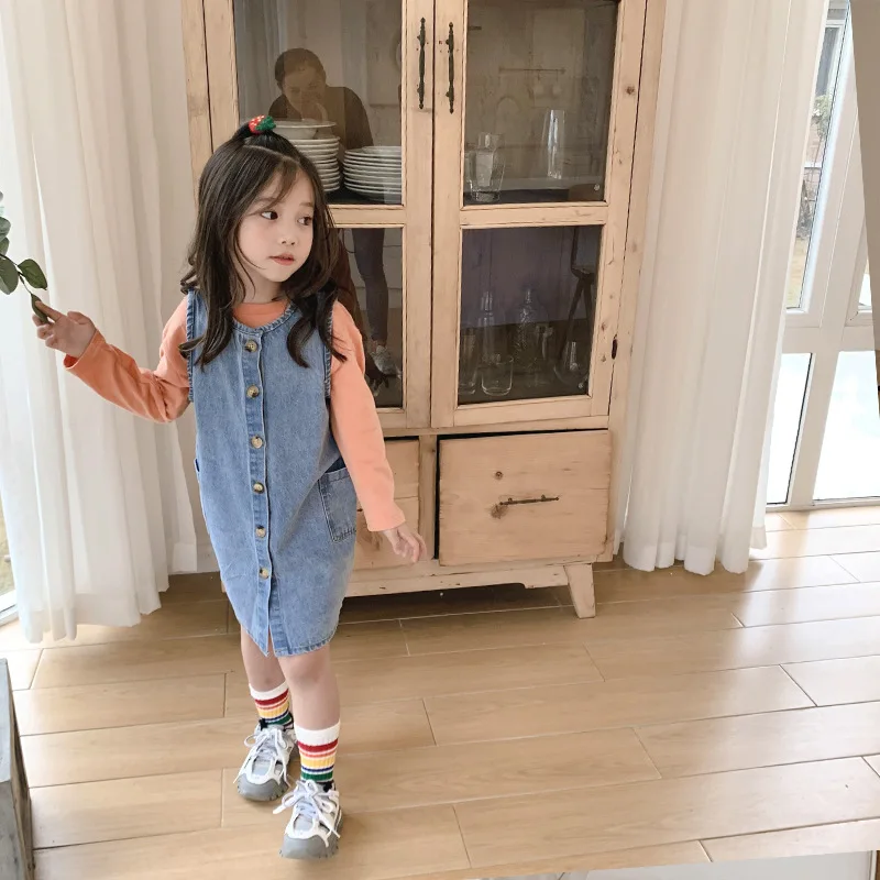 Весенне-осеннее модное однобортное джинсовое платье без рукавов для девочек 2020