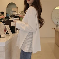 women t shirt sweet pleated chic korea 2022 spring casual o neck tops patchwork long sleeved white female t shirts japanese