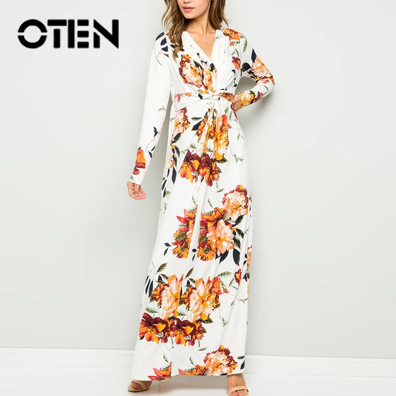 OTEN 2019 винтажные Длинные Платья с цветочным принтом женские осенние вечерние