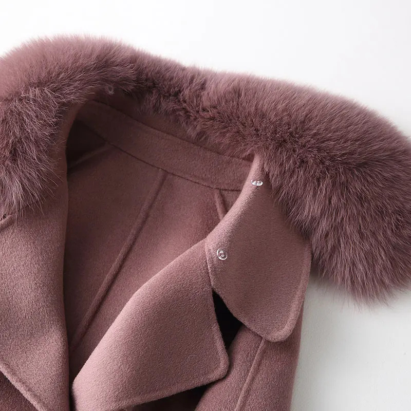 

100% 2021 Wool Fashion Coat Female Handmade Double Wool Coats Medium Winter Jacket Women Natural Fox Fur Collar WYQ1143