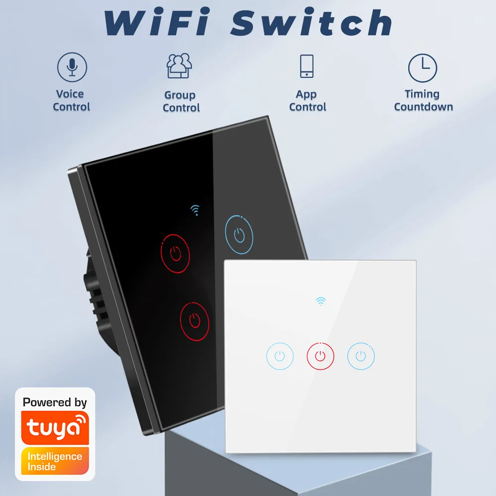 

Tuya Wifi Touch Switch EU 1/2/3/4 Gang Voice Control Timing Function Smart Life Wall Light Switch Support Alexa Google Assistant