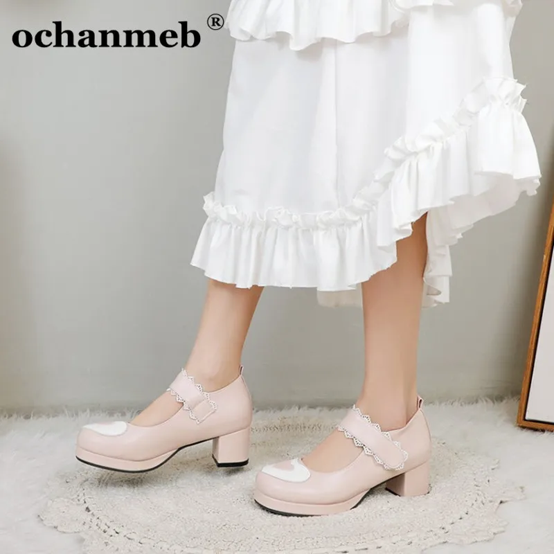 

Женские туфли-лодочки Ochanmeb, весенние туфли из искусственной кожи с кружевом и подкладкой в форме сердца, туфли на блочном каблуке и платформ...