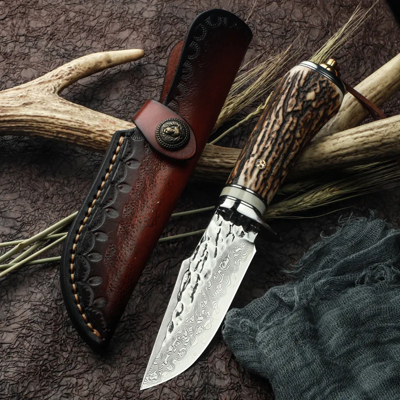 Damascus Fixed Blade Knife Tactical Hunting Knife Sharp Portable Outdoor Camping Survival Knives Natural Antler Handle