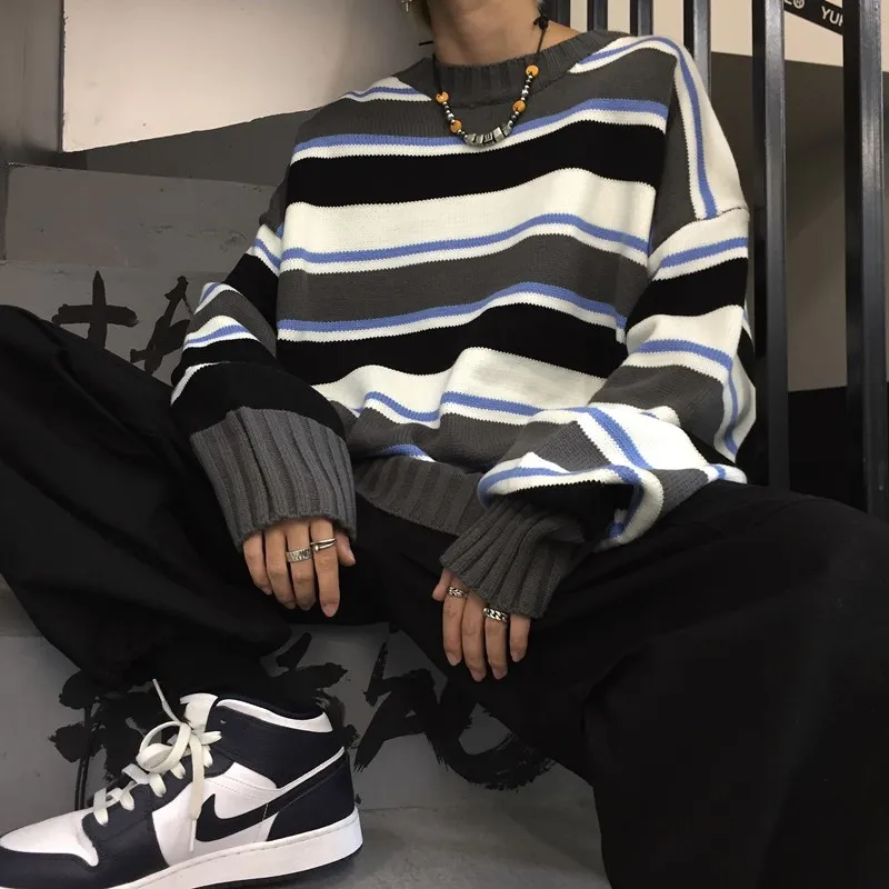 

Kpop Топы японские полосатые парные зимние вязаные свитера Корейская версия Универсальный пуловер мужской джемпер пуловер уличная одежда То...