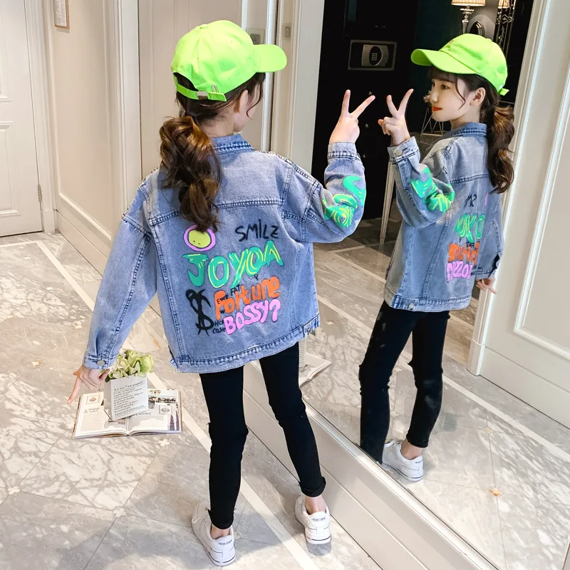 

Girls Print Denim Jacket 2021 Spring Autumn Jackets Kids Cartoon Outerwear Coats For Kids Clothes Children Tops 4 6 8 10 12 Year