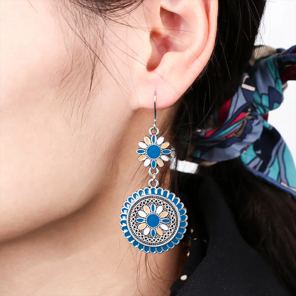 Винтажные этнические висячие серьги резные эмалированные Цветы женские
