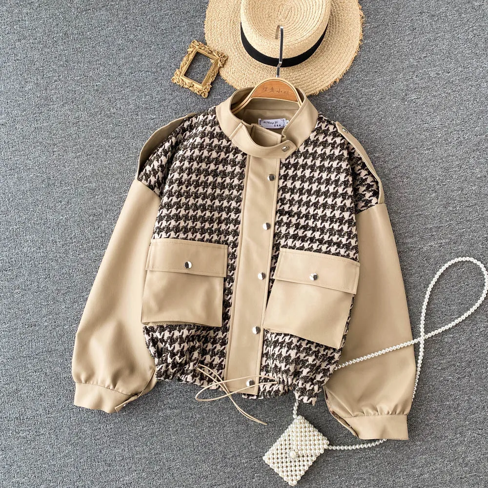 

Повседневная куртка с воротником-стойкой, Женская куртка из искусственной кожи с вышивкой из твида, свободная и универсальная дизайнерская...