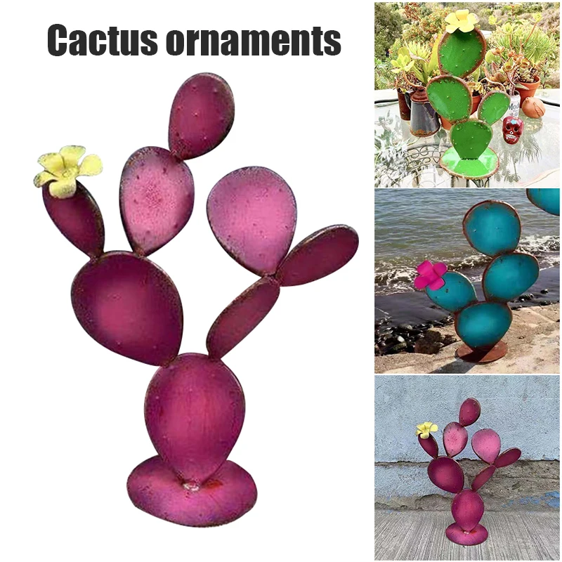 

Metal Saguaro Cactus Ornament with Opening Flowers Decorative Desert Plants Garden Art Statue for Home Tabletop Shelf
