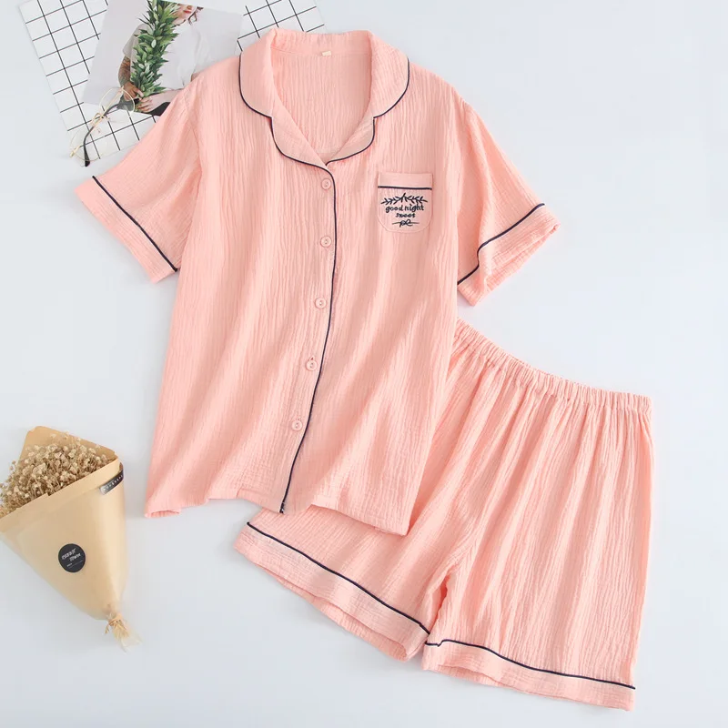 Summer Pajamas Set Women Pure Cotton Short Sleeved Sleepwear with Shorts Crepe Soft Thin Pure Color Simple Ladies Loose Homewear