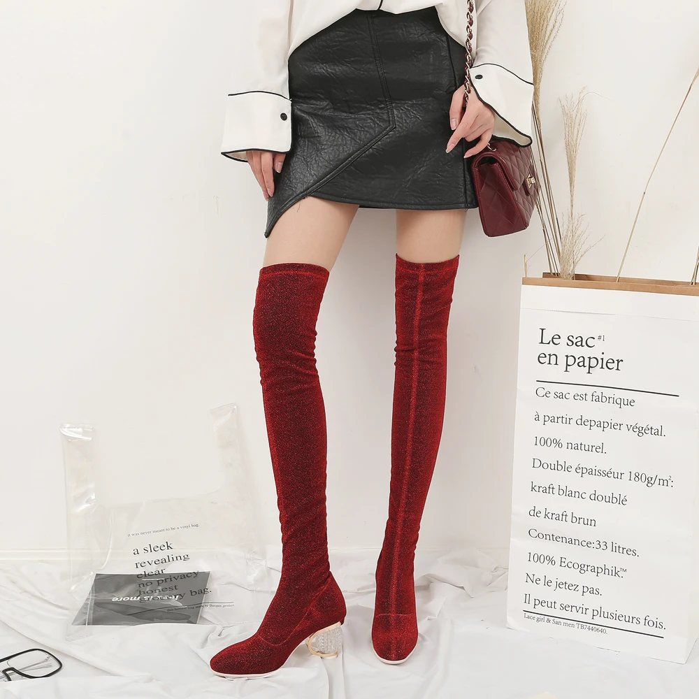 

Green over the knee boots woman 2020 big size 35-43 slim Elastic boots women sequin crystal high heel party prom shoes autumn