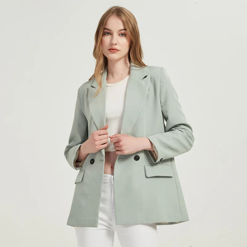 

Autumn and winter women's blazer jacket casual solid color double-breasted pocket decorative coat