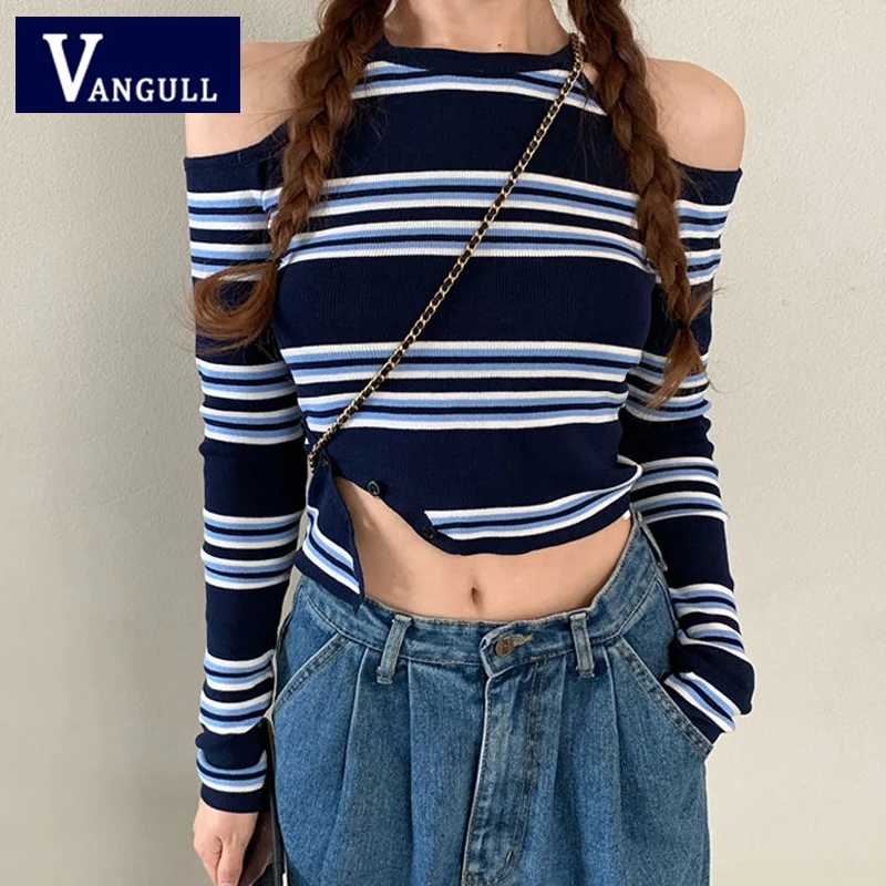 

Vangull Knitting Stripe Women's T-Shirt Off Shoulder Fashion Cropped Tops Summer Streetwear Irregular Female Halter Collar Tops