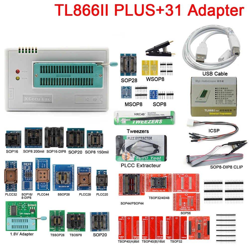 Программатор V10.8 TL866II Plus универсальный USB программатор nand flash AVR PIC Bios с 31 адаптером