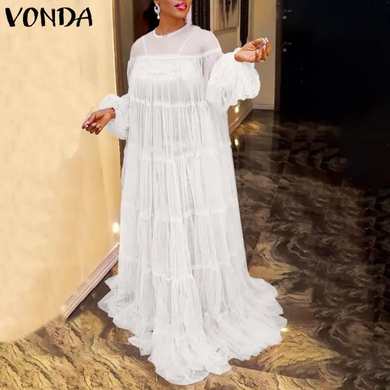 

Bohemian Maxi Long Dress Long Robe Sexy Lace Lantern Sleeve Floor-Length Party Dress 2021 VONDA Beach Holiday Vestido