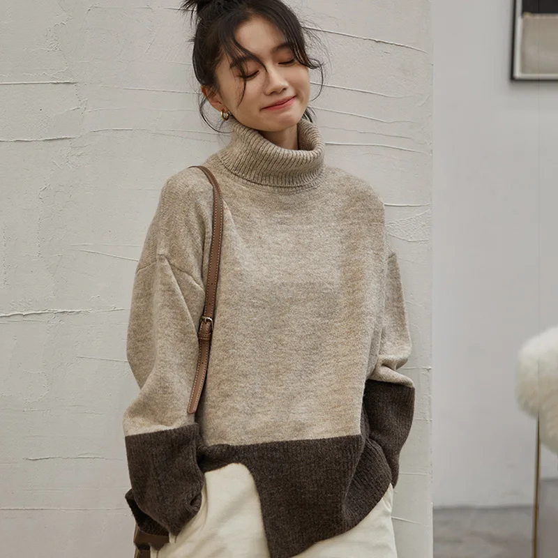 

Winter Korean Fashion Sweater Women Long Sleeve Turtleneck Pullover Patchwork Knitted Sweater Pull Femme Sueter Mujer