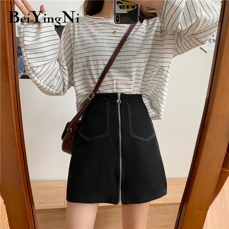 

Beiyingni High Waist Skirts Womens Solid Zipper Slim Cute 2020 New Fashion Vintge Leisure College A-line Skirt Black Gray Faldas
