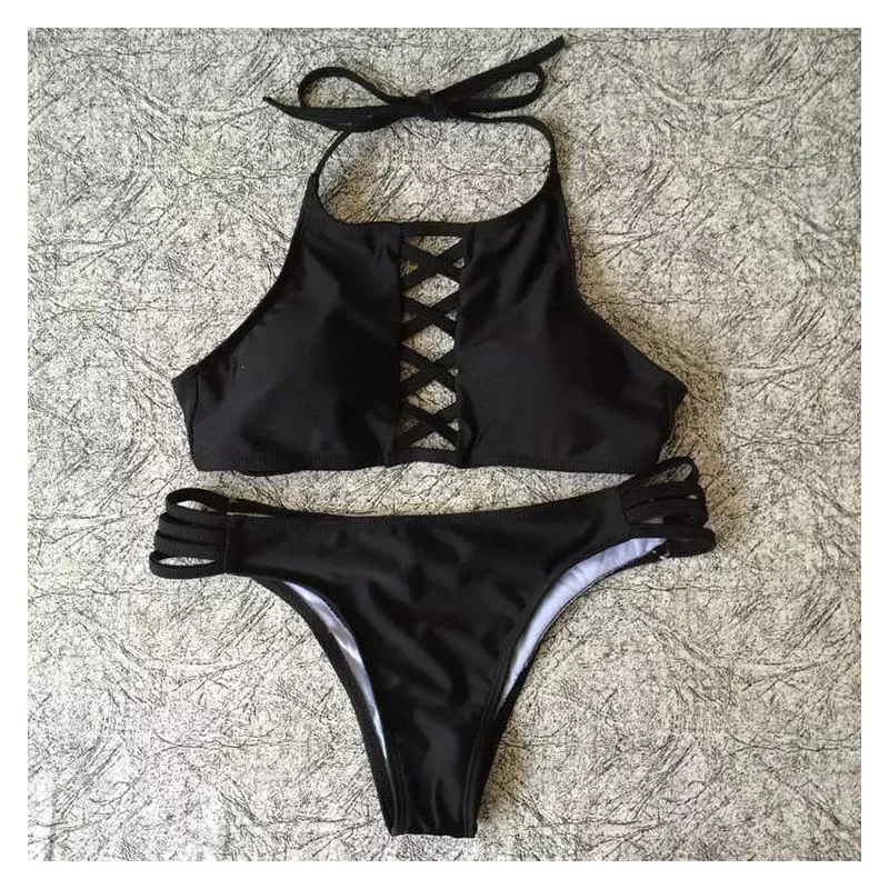 

Solid Color Low Waist Bikini Female Sexy Lace-UP Bikini Swimwear Push-UP Two-Piece Swimsuit 2021 New Hot Beach Swimsuit