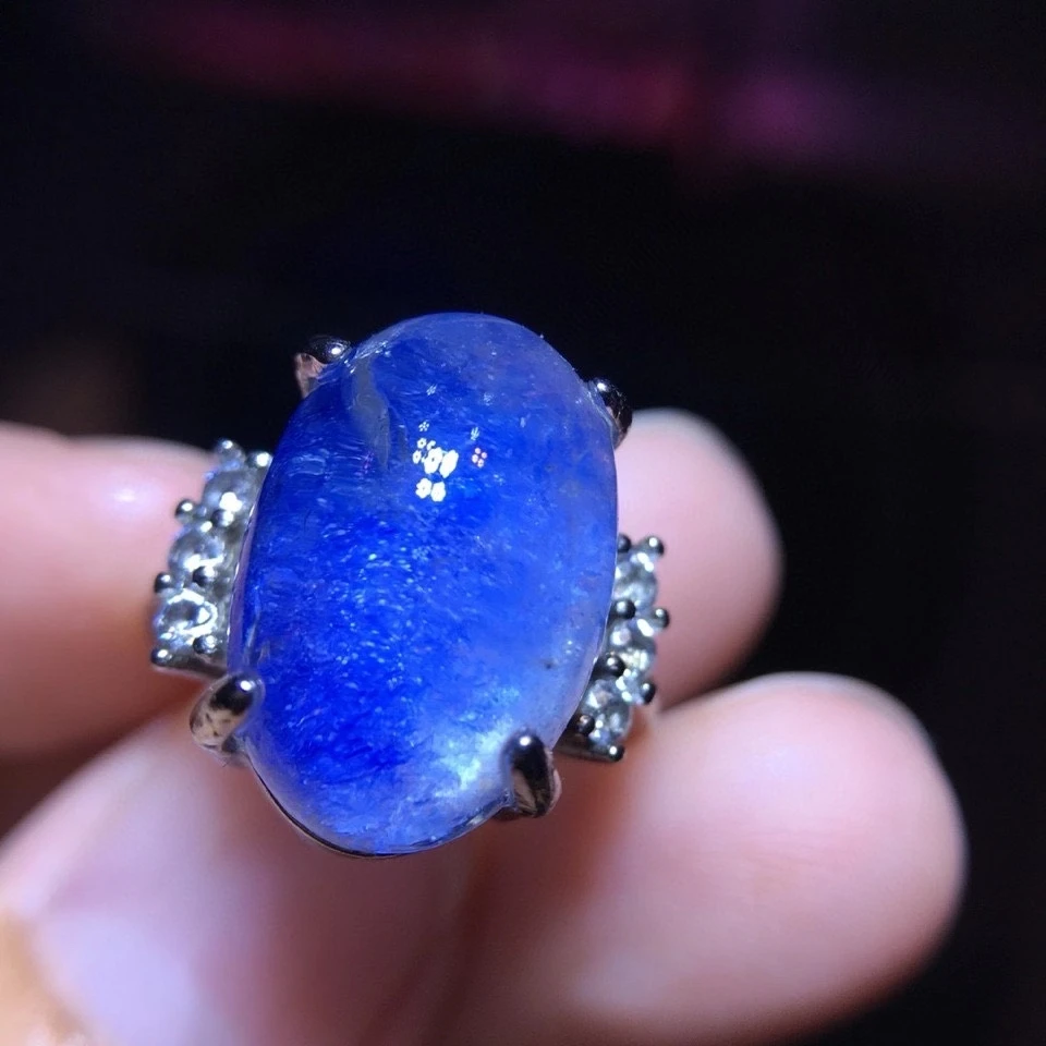 Кольцо из натурального голубого думортиерита рутилированный Кварцевый Кристалл