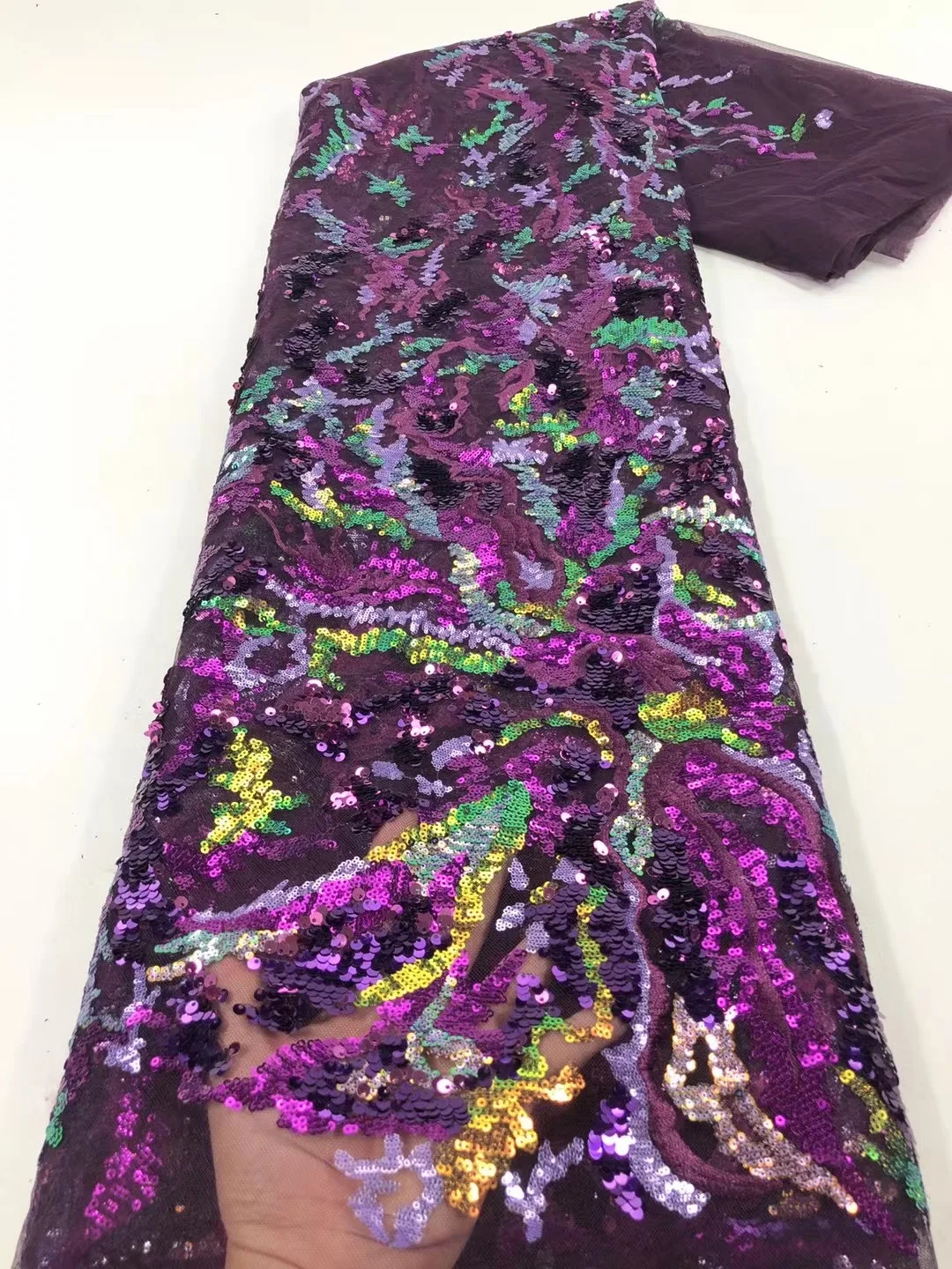 

Latest Muticolor Flora pattern Nigerian shining sequins embroidered net lace JOY-41801 african tulle lace party ladies dress