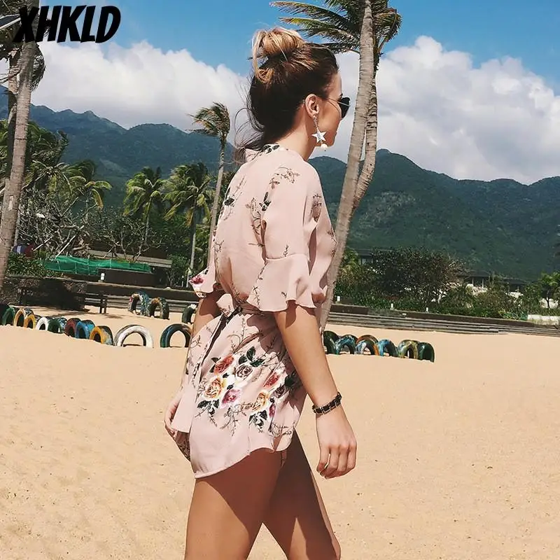 XHKLD летний женский комбинезон с v образным вырезом и принтом в богемном стиле