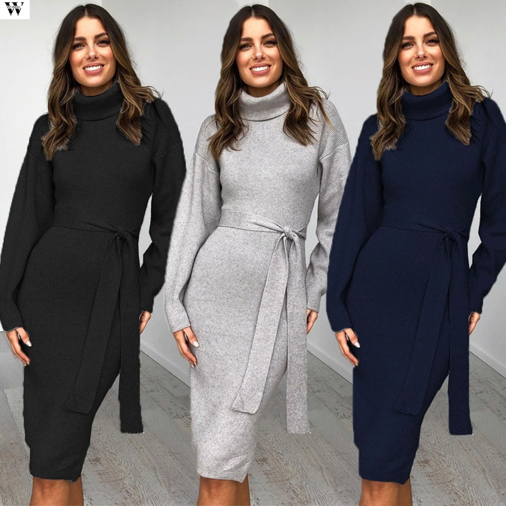 Женское осеннее платье с длинным рукавом и высоким воротником однотонное серое