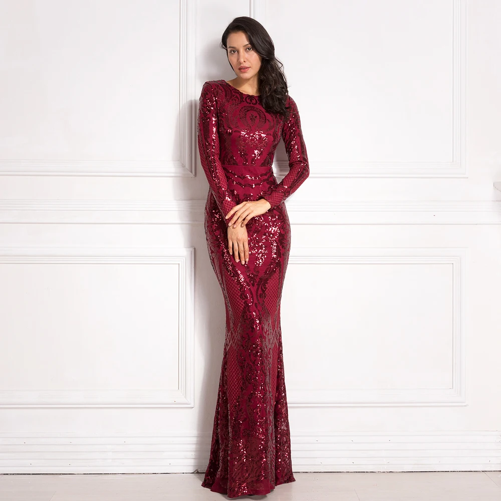 Осенне зимнее вечернее платье с длинным рукавом и круглым вырезом|Женские