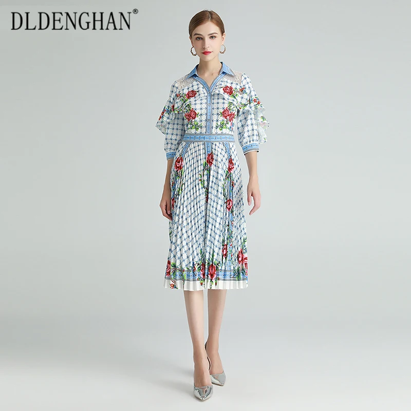 

DLDENGHAN Fashion Floral-Print Dress Women's Lace Patchwork 4/3 Sleeves Turn-Down Collar Pleated Dresses Designer Spring New